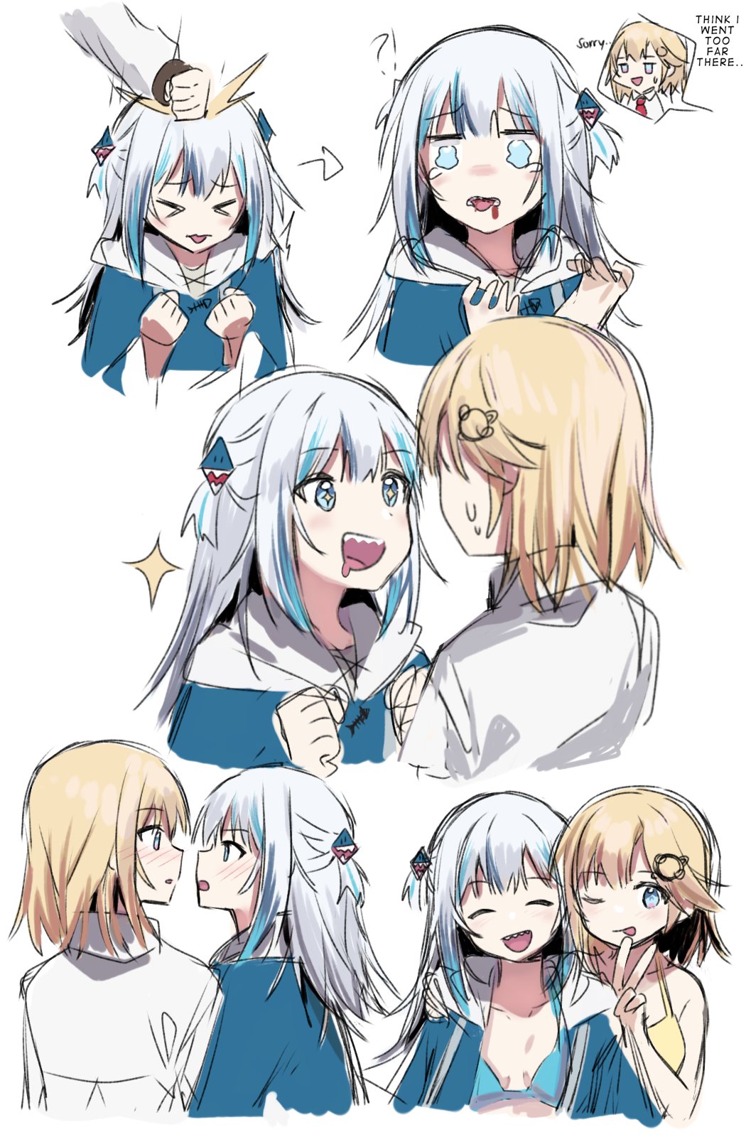 !? &gt;_&lt; 2girls ;p arrow_(symbol) bikini blonde_hair blood blood_from_mouth blue_bikini blue_hair blue_hoodie blush breasts clenched_hands closed_eyes collared_shirt commentary crying crying_with_eyes_open desutruction drooling english_commentary english_text eyebrows_visible_through_hair face-to-face gawr_gura hair_ornament highres hitting hololive hololive_english hood hoodie injury looking_at_another looking_at_viewer medium_hair mouth_drool multicolored_hair multiple_girls multiple_views one_eye_closed open_mouth punching shark_hair_ornament sharp_teeth shirt short_hair short_twintails silver_hair simple_background sketch small_breasts smile sparkling_eyes streaked_hair sweatdrop swimsuit tears teeth tongue tongue_out twintails two-tone_hair upper_body virtual_youtuber watery_eyes watson_amelia white_background white_shirt yellow_bikini yuri