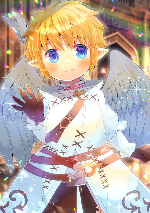 1girl bangs blonde_hair blue_eyes blurry blurry_background blush brown_gloves brown_pants closed_mouth commentary_request depth_of_field eyebrows_visible_through_hair feathered_wings final_fantasy final_fantasy_xiv gloves grey_wings hair_between_eyes kou_hiyoyo lalafell long_sleeves looking_at_viewer pants pointy_ears short_hair smile solo white_robe wings