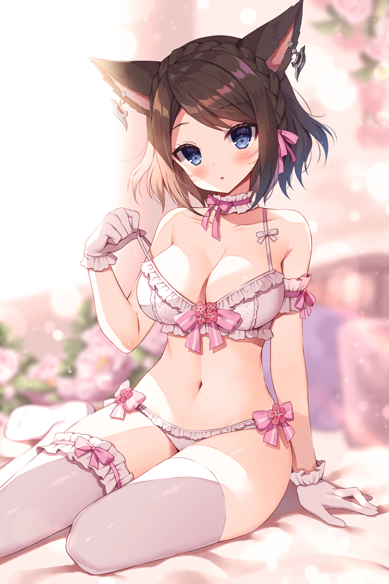 1girl :o animal_ears arm_garter arm_support bangs bare_shoulders black_hair blue_eyes blurry blurry_background blush bow bow_bra bow_panties bra braid brown_hair cat_ears choker commentary_request commission depth_of_field ear_piercing earrings eyebrows_visible_through_hair facial_mark final_fantasy final_fantasy_xiv french_braid frilled_bra frilled_choker frilled_gloves frilled_legwear frilled_panties frills front-tie_bra front-tie_top gloves hand_up jewelry lingerie looking_at_viewer mauve miqo'te navel no_shoes panties parted_lips piercing pixiv_request ribbon_choker short_hair side-tie_panties sitting solo spaghetti_strap stomach strap_pull string_bra swept_bangs thigh-highs underwear underwear_only whisker_markings white_bra white_gloves white_legwear white_panties yokozuwari