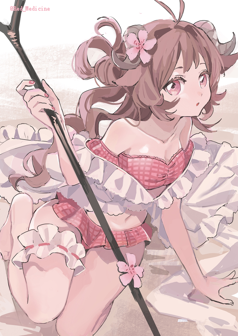 1girl :o animal_ears antenna_hair arknights arm_support brown_hair collarbone eyjafjalla_(arknights) eyjafjalla_(summer_flowers)_(arknights) flower holding holding_staff horns long_hair looking_at_viewer midriff navel off-shoulder_swimsuit off_shoulder official_alternate_costume pink_eyes pink_flower pink_swimsuit red_(girllove) red_nails sheep_ears sheep_girl sheep_horns shirt solo staff swimsuit thigh_strap twitter_username white_shirt