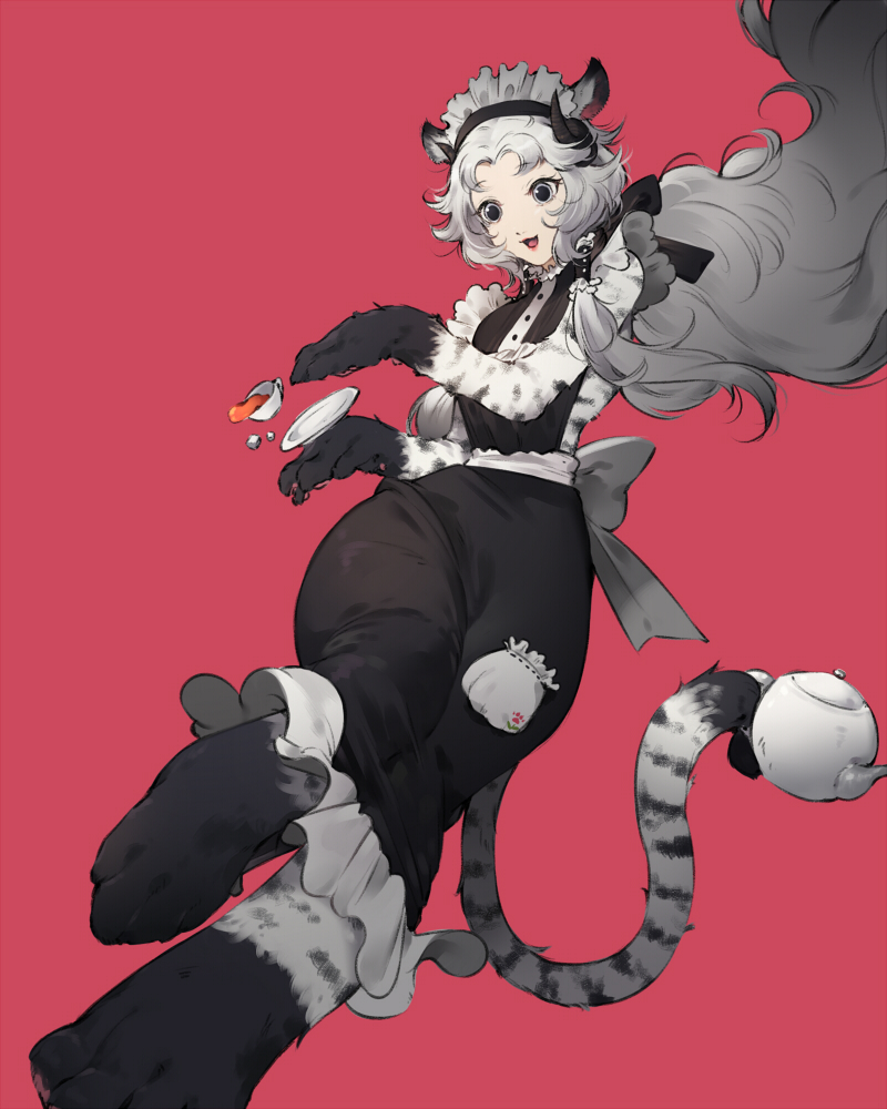 1girl :3 :d animal_ears animal_feet animal_hands back_bow barefoot black_dress body_fur bow breasts commentary cup curled_horns digitigrade dmuyaa dress feet_out_of_frame fewer_digits floating_hair grey_eyes grey_hair hair_tubes hairband hands_up holding holding_teapot holding_with_tail horns lipstick long_hair looking_away looking_down maid_headdress makeup monster_girl original pencil_dress pocket prehensile_tail red_background sash saucer sidelocks simple_background sleeveless sleeveless_dress smile solo spilling sugar_cube tail tea teacup teapot tiger_ears tiger_girl tiger_tail very_long_hair