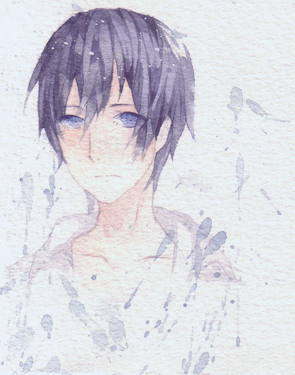 1boy blue_eyes blue_hair closed_mouth collarbone eyebrows_visible_through_hair eyes_visible_through_hair free! highres looking_at_viewer male_focus nanase_haruka_(free!) short_hair solo texture tkm_(1322323425) traditional_media upper_body watercolor_(medium)