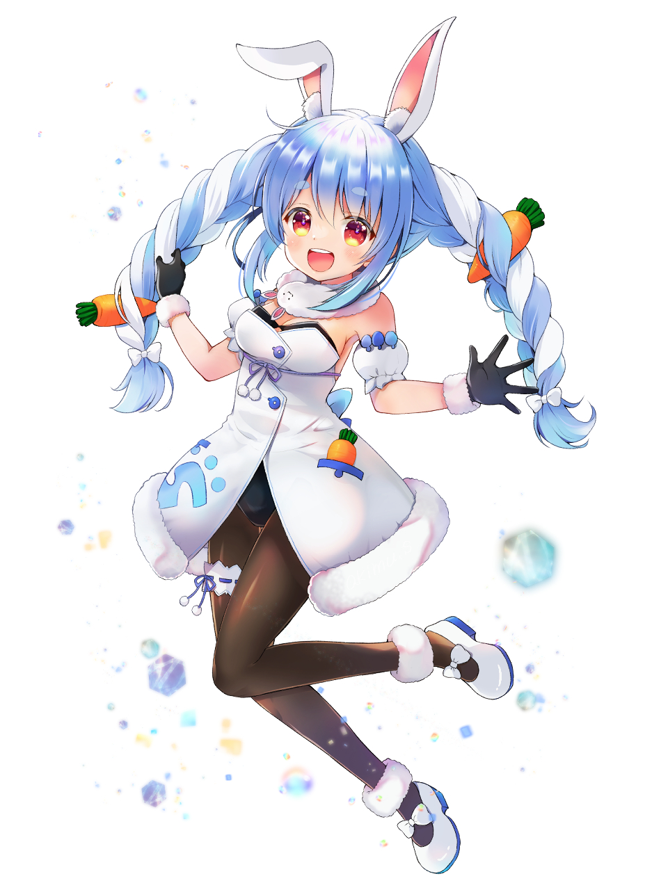 1girl :d animal_ear_fluff animal_ears bangs black_gloves black_legwear black_leotard blue_hair blush braid breasts bunny-shaped_pupils carrot_hair_ornament coat detached_sleeves food-themed_hair_ornament full_body fur-trimmed_coat fur-trimmed_gloves fur_scarf fur_trim gloves hair_ornament highres hikimayu hololive jumping leg_garter leotard leotard_under_clothes long_hair looking_at_viewer mary_janes medium_breasts multicolored_hair open_mouth orange_eyes outstretched_arms outstretched_hand pantyhose playboy_bunny puffy_short_sleeves puffy_sleeves rabbit_ears sakamaki_akimu scarf shoes short_eyebrows short_sleeves smile strapless strapless_coat strapless_leotard swept_bangs thick_eyebrows twin_braids twintails two-tone_hair upper_teeth usada_pekora virtual_youtuber white_coat white_footwear white_hair white_scarf white_sleeves