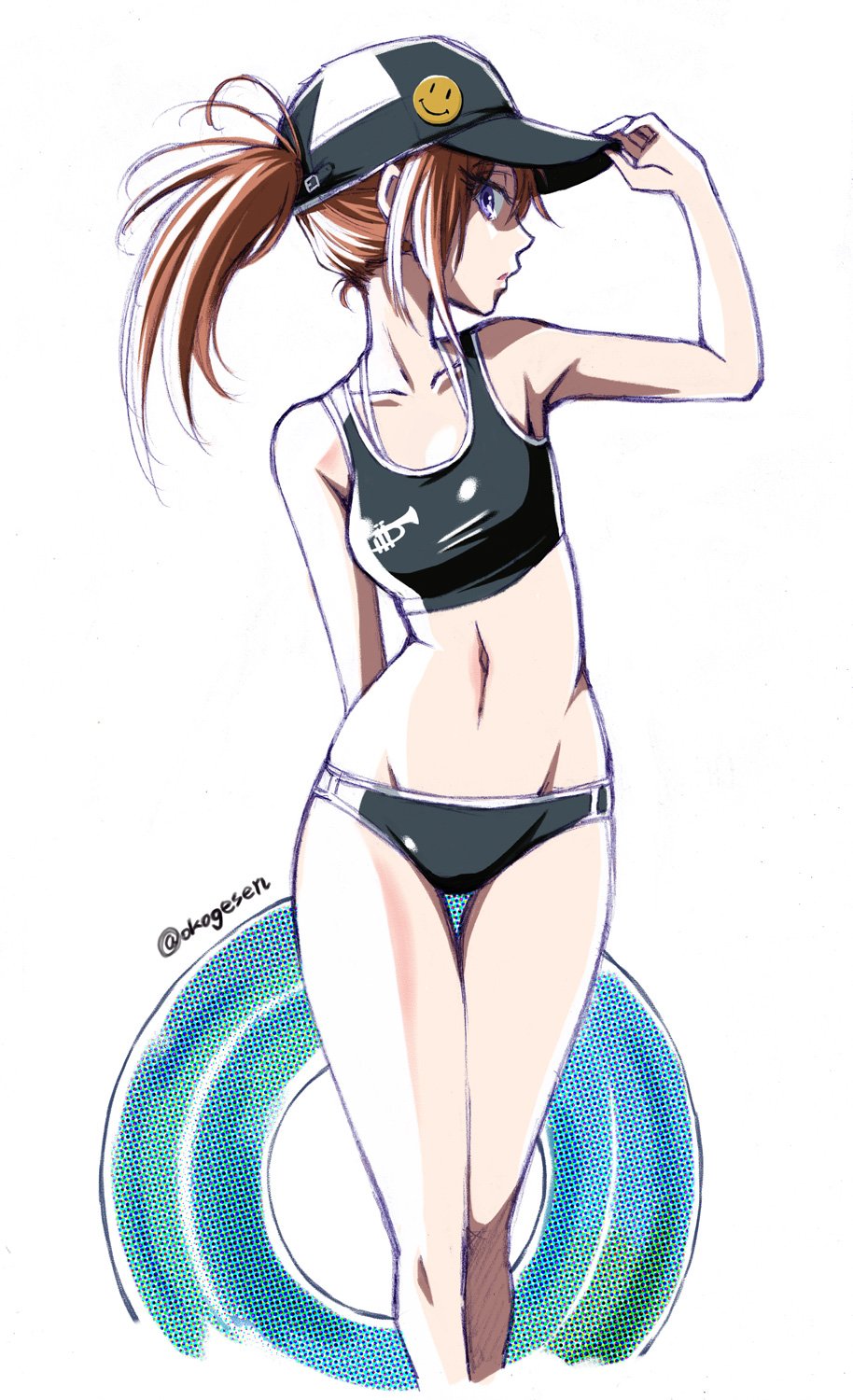 1girl adjusting_clothes adjusting_headwear bangs baseball_cap bikini black_bikini black_headwear brown_hair closed_mouth commentary_request cropped_legs groin hand_on_headwear hand_up hat hibike!_euphonium highres holding holding_innertube innertube kotomozou looking_at_viewer medium_hair nakagawa_natsuki navel object_behind_back ponytail simple_background smiley_face solo standing swimsuit thigh_gap violet_eyes white_background