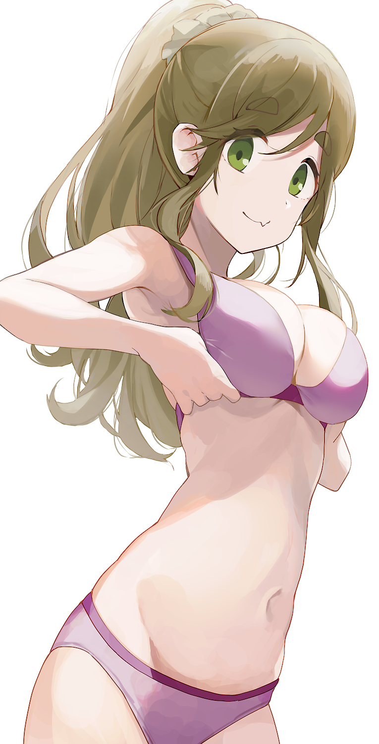 1girl bikini breasts brown_hair green_eyes highres hiroki_(yyqw7151) inuyama_aoi large_breasts long_hair looking_at_viewer navel ponytail simple_background smile solo swimsuit white_background yurucamp