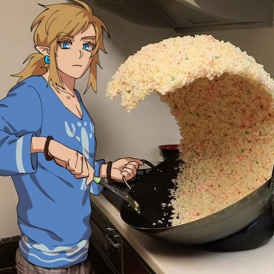 1boy angssi blonde_hair blue_eyes blue_shirt collarbone cooking earrings jewelry link looking_at_viewer male_focus photo_background pointy_ears rice_wave shirt solo the_legend_of_zelda the_legend_of_zelda:_breath_of_the_wild tied_hair wok