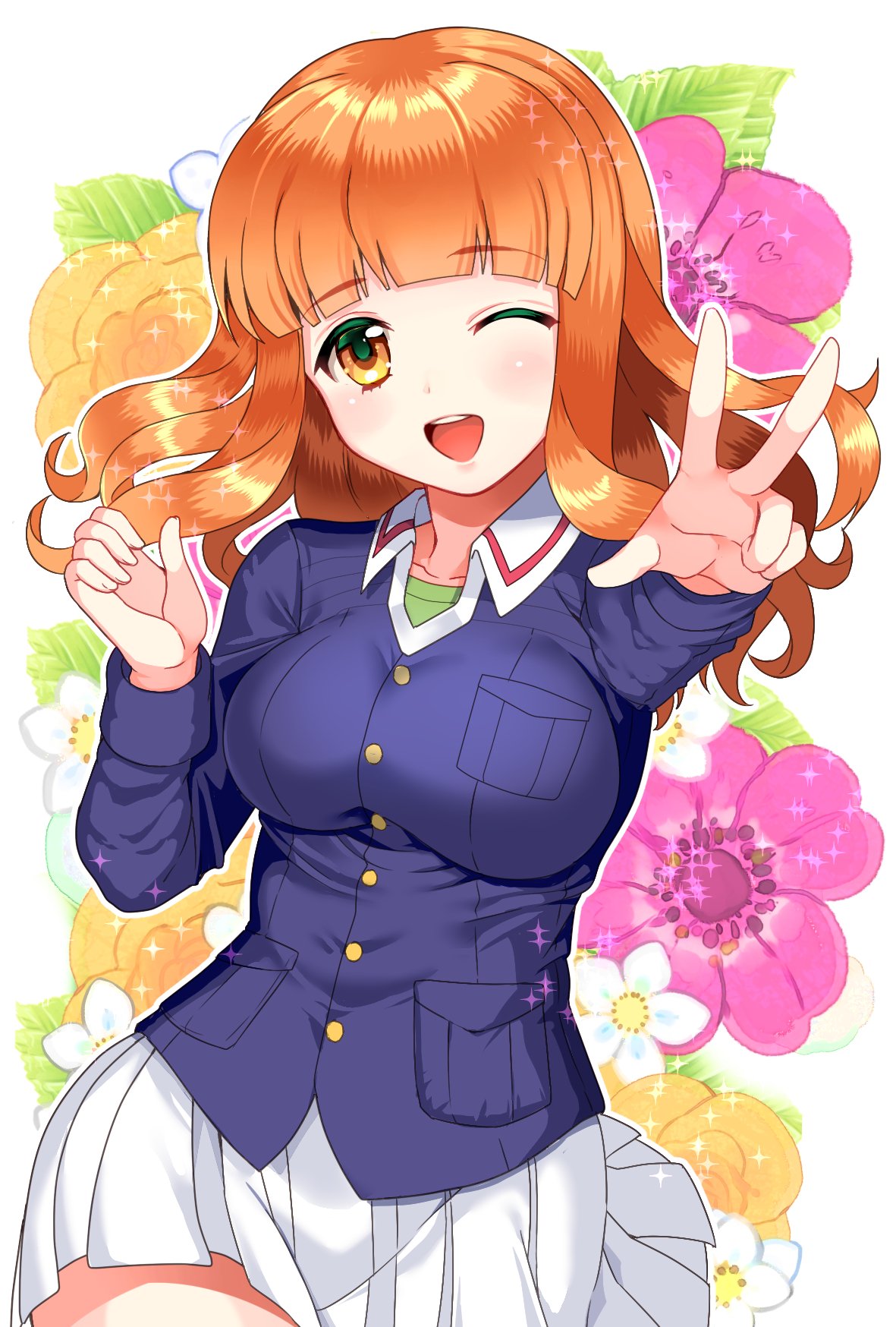 1girl ;d bangs blue_jacket blunt_bangs commentary eyebrows_visible_through_hair floral_background girls_und_panzer green_shirt highres jacket long_hair long_sleeves looking_at_viewer military military_uniform miniskirt one_eye_closed ooarai_military_uniform open_mouth orange_eyes orange_hair outline pleated_skirt shirt skirt smile solo sparkle standing takebe_saori uniform uzura_(moimoi) w white_outline white_skirt