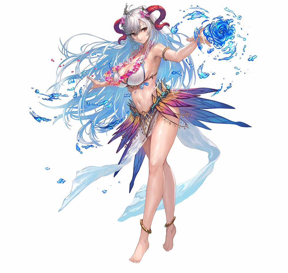 1girl ahoge anklet armlet barefoot bikini breasts commentary_request eyebrows_visible_through_hair fire_emblem fire_emblem_heroes flower flower_necklace freyja_(fire_emblem) goat_horns gradient_hair hair_between_eyes hair_flower hair_ornament horns huge_breasts jewelry korean_commentary light_blue_hair long_hair magic multicolored_hair navel necklace official_alternate_costume official_art outstretched_arms pelvic_curtain red_eyes showgirl_skirt sideboob simple_background solo string_bikini swimsuit tiptoes water_drop white_background white_hair yoshiku_(oden-usagi)