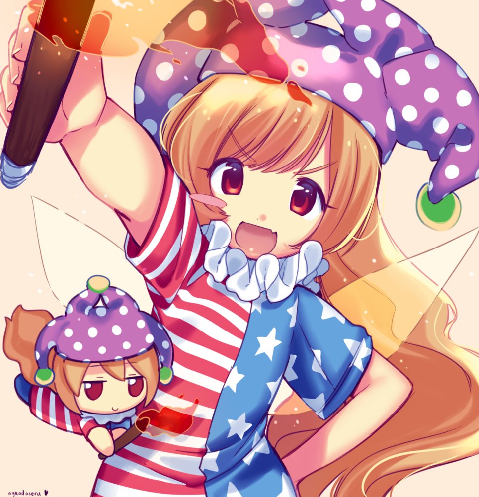 1girl american_flag_shirt arm_up artist_name bangs blonde_hair blue_pants blue_shirt closed_mouth clownpiece eyebrows_visible_through_hair fairy_wings fire fumo_(doll) hair_between_eyes hand_on_hip hand_up hat jester_cap lisa_(faeuna) long_hair looking_at_viewer multicolored multicolored_clothes multicolored_shirt open_mouth pants purple_headwear red_eyes red_shirt shirt short_sleeves simple_background smile solo star_(symbol) star_print striped striped_shirt torch touhou white_shirt wings yellow_background