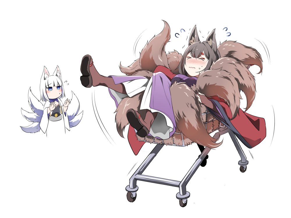 2girls amagi_(azur_lane) animal_ears azur_lane blue_eyes breasts brown_hair closed_eyes coat eyeliner fox_ears fox_girl fox_tail in_shopping_cart japanese_clothes kaga_(azur_lane) kimono kitsune kyuubi large_breasts long_hair makeup multiple_girls multiple_tails red_coat shopping_cart steed_(steed_enterprise) stuck tail thick_eyebrows white_hair white_kimono white_tail