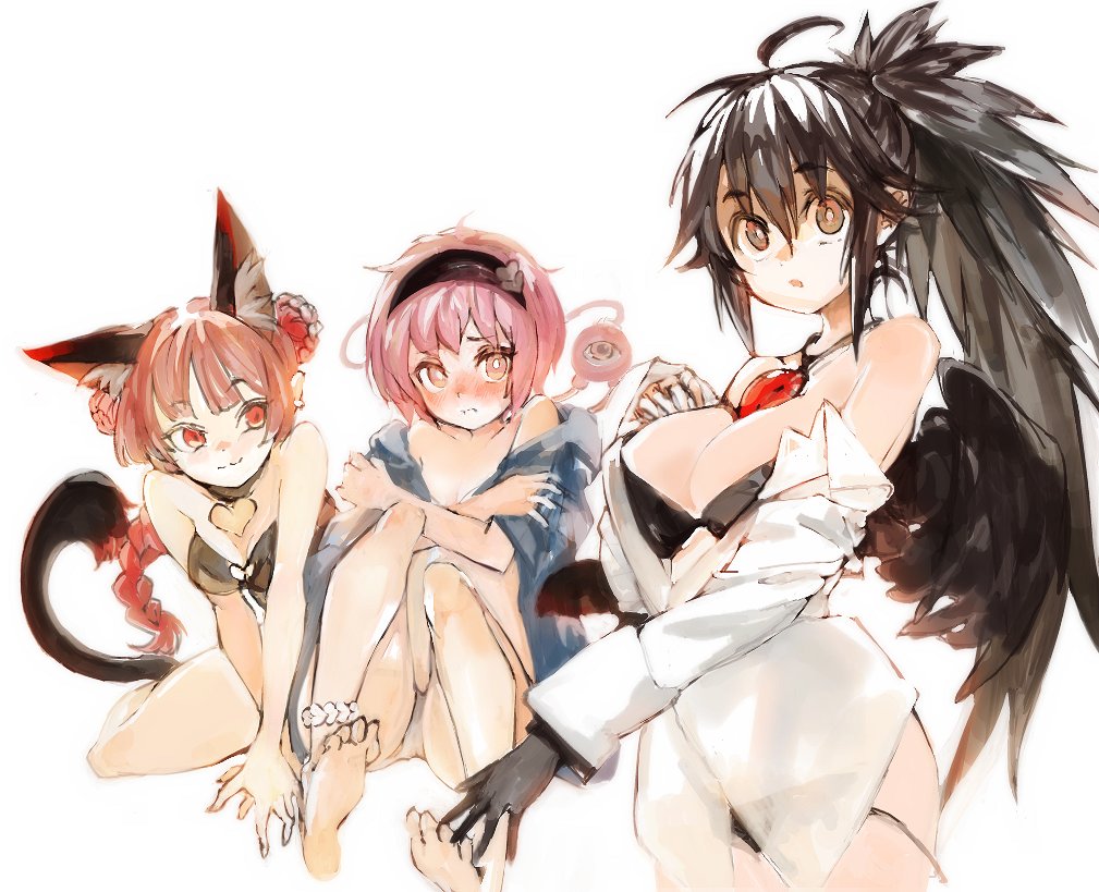 3girls :3 animal_ear_fluff animal_ears barefoot bikini bird_wings black_bikini black_gloves black_hairband black_wings braid breasts brown_eyes brown_hair cat_ears cat_tail commentary_request double_bun gloves hair_between_eyes hairband heart kaenbyou_rin komeiji_koishi konabetate large_breasts long_hair looking_at_viewer medium_breasts multiple_girls pink_eyes pink_hair ponytail red_eyes redhead reiuji_utsuho shirt short_hair simple_background sitting swimsuit tail third_eye touhou white_background white_shirt wings