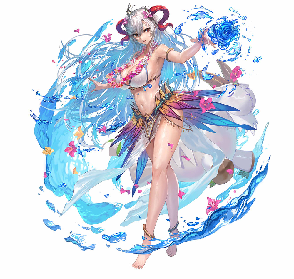 1girl ahoge anklet armlet barefoot bikini breasts commentary_request eyebrows_visible_through_hair fire_emblem fire_emblem_heroes flower flower_necklace freyja_(fire_emblem) goat goat_horns gradient_hair hair_between_eyes hair_flower hair_ornament horns huge_breasts inflatable_toy jewelry korean_commentary light_blue_hair long_hair magic multicolored_hair navel necklace official_alternate_costume official_art outstretched_arms pelvic_curtain red_eyes showgirl_skirt sideboob simple_background smile solo string_bikini swimsuit tiptoes water_drop white_background white_hair yoshiku_(oden-usagi)