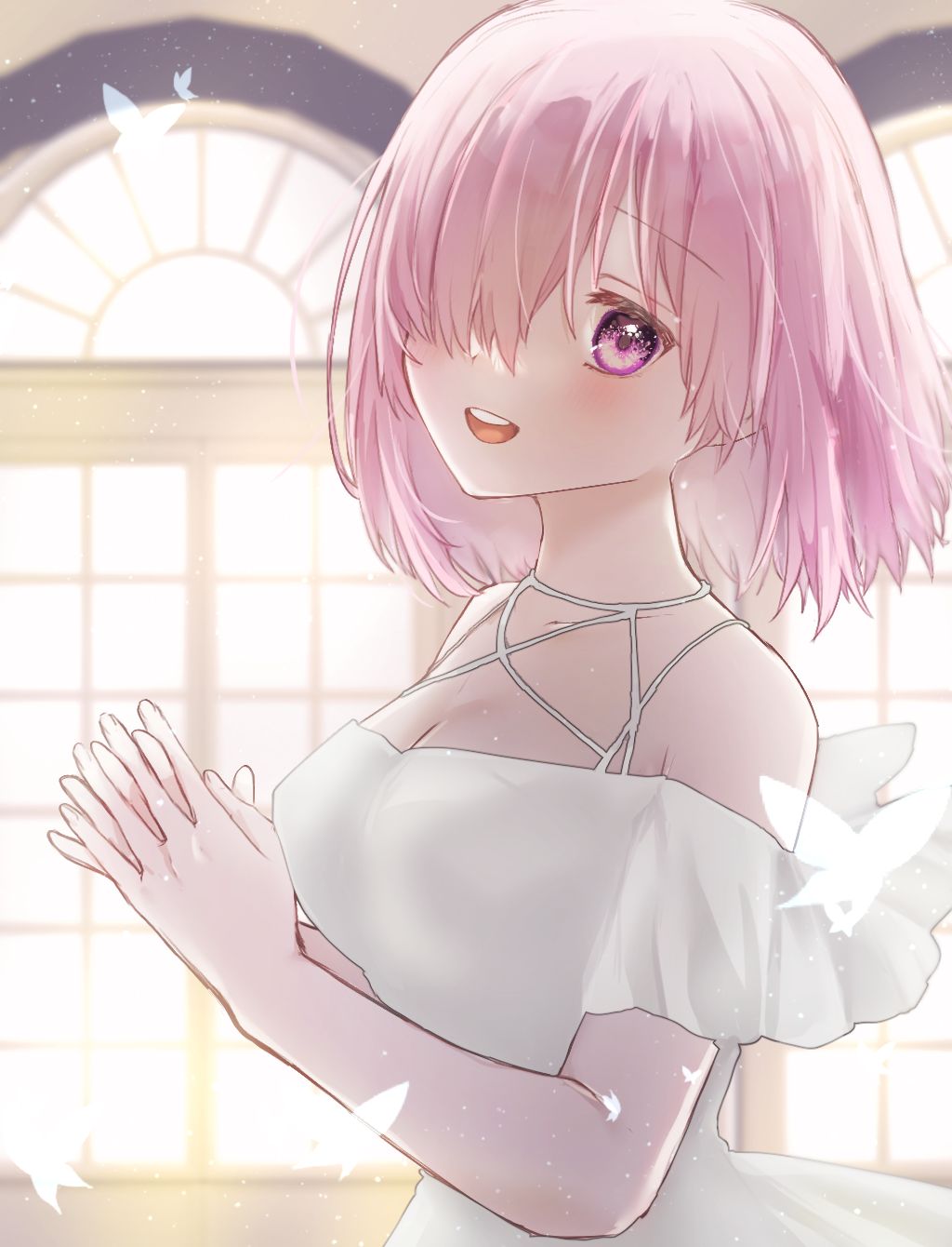 1girl alternate_costume artist_request bare_shoulders blush breasts bug butterfly collarbone commentary_request dress eyebrows_visible_through_hair fate/grand_order fate_(series) fingernails fingers_together formal hair_over_one_eye highres indoors insect mash_kyrielight medium_breasts open_mouth own_hands_together pink_hair short_hair sleeveless sleeveless_dress smile solo violet_eyes white_dress