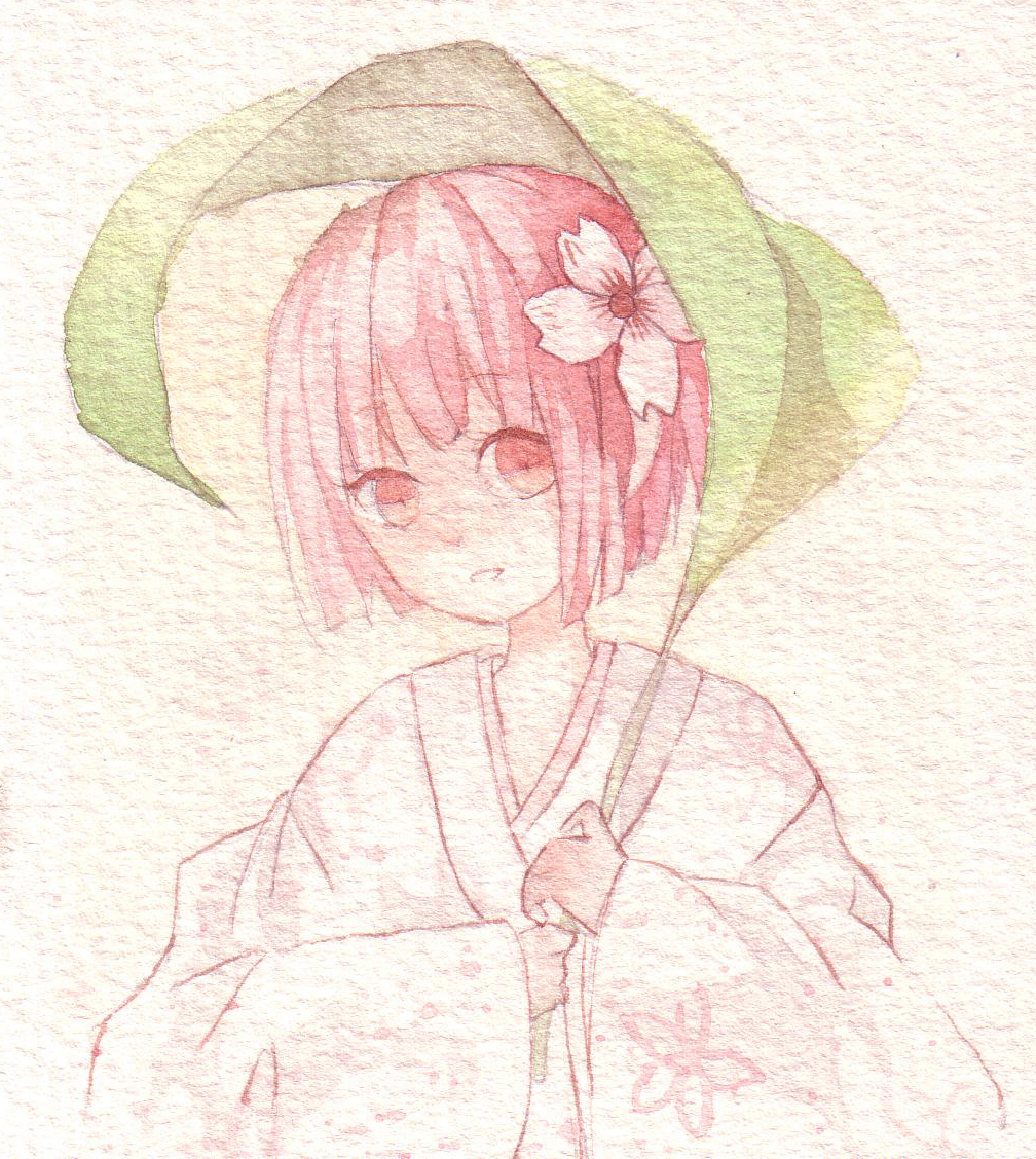 1girl eyebrows_visible_through_hair floral_print flower hair_flower hair_ornament holding holding_leaf japanese_clothes kimono leaf long_sleeves original parted_lips patterned patterned_clothing pink_eyes pink_flower pink_hair pink_kimono pink_theme short_hair smile solo texture tkm_(1322323425) traditional_media upper_body watercolor_(medium) wide_sleeves