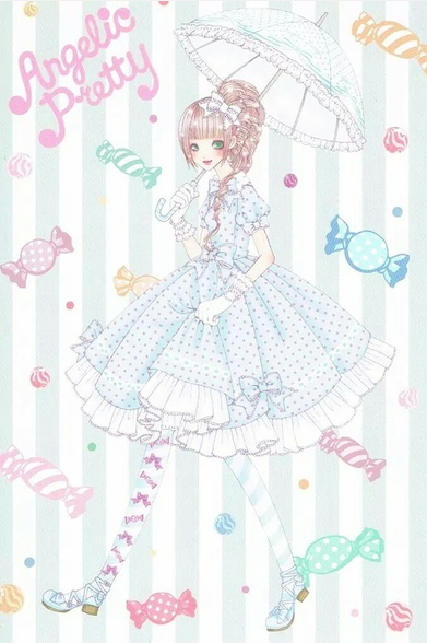 1girl ad angelic_pretty blue_dress bow brown_hair candy copyright_name curly_hair dress fashion food frills green_eyes hair_bow high_heels high_ponytail holding holding_umbrella kicking leggings light_brown_hair lolita_fashion maki_taguchi pink_bow polka_dot polka_dot_dress postcard product_placement puffy_short_sleeves puffy_sleeves real_life retro_artstyle short_sleeves solo striped striped_background umbrella updo white_bow wrapped_candy