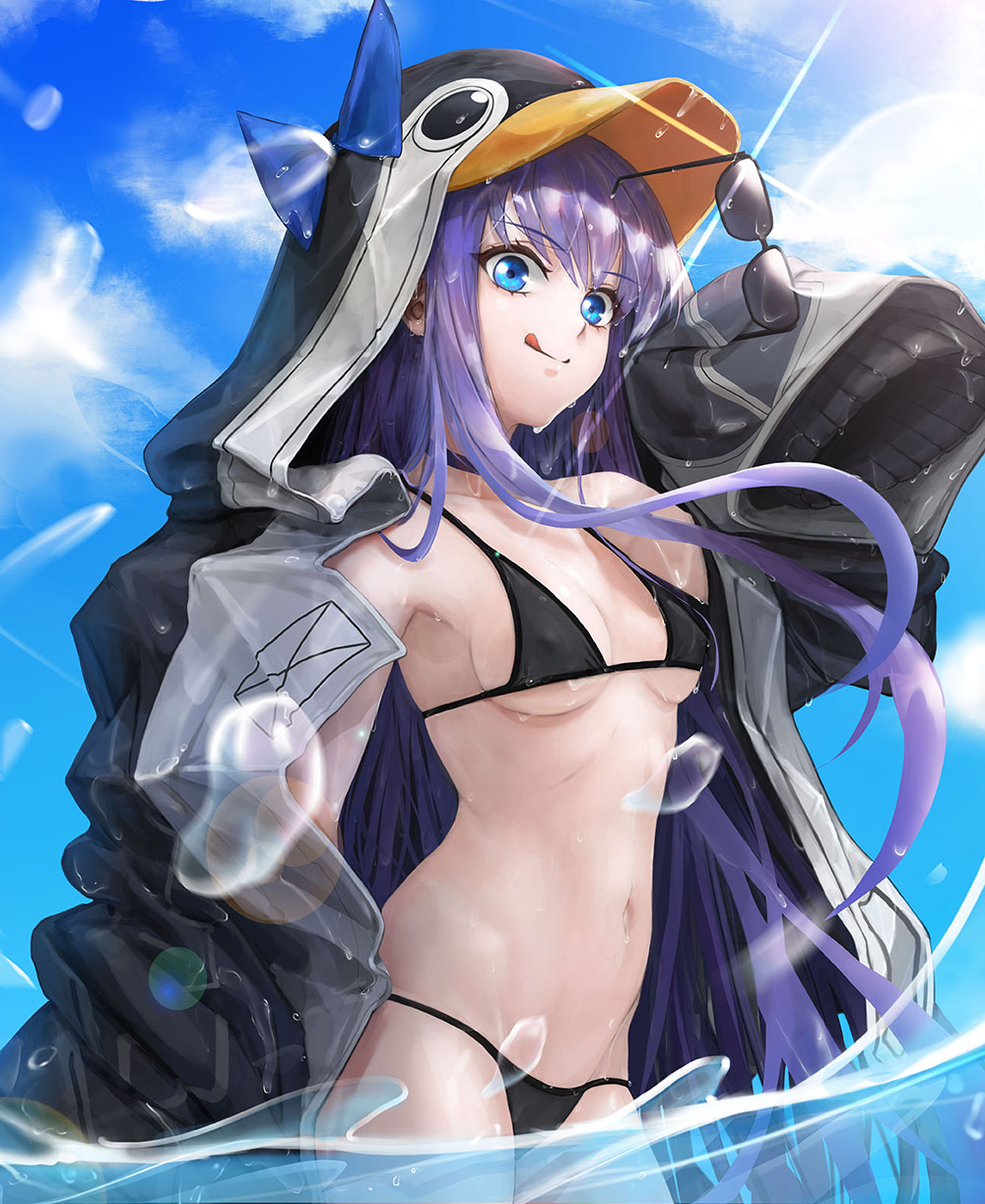 1girl animal_hood bangs bare_shoulders bikini black_bikini black_jacket blue_bow blue_eyes blue_sky blush bow breasts choker closed_mouth collarbone commentary_request eyewear_removed fate/grand_order fate_(series) highres hood hood_up hooded_jacket jacket licking_lips long_hair long_sleeves looking_at_viewer meltryllis_(fate) meltryllis_(swimsuit_lancer)_(fate) navel ocean open_clothes open_jacket penguin_hood purple_hair sky sleeves_past_fingers sleeves_past_wrists small_breasts smile solo sterben sunglasses swimsuit thighs tongue tongue_out very_long_hair wading