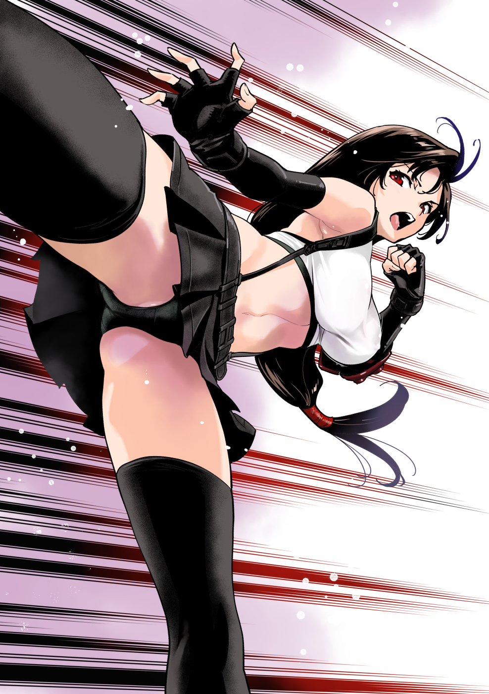 1girl armpits bangs belt black_hair breasts elbow_gloves final_fantasy final_fantasy_vii final_fantasy_vii_remake fingerless_gloves gloves hairband hassystants highres incoming_attack kicking long_hair over-kneehighs ponytail red_eyes skirt sleeveless solo stomach thigh-highs tifa_lockhart underwear vest
