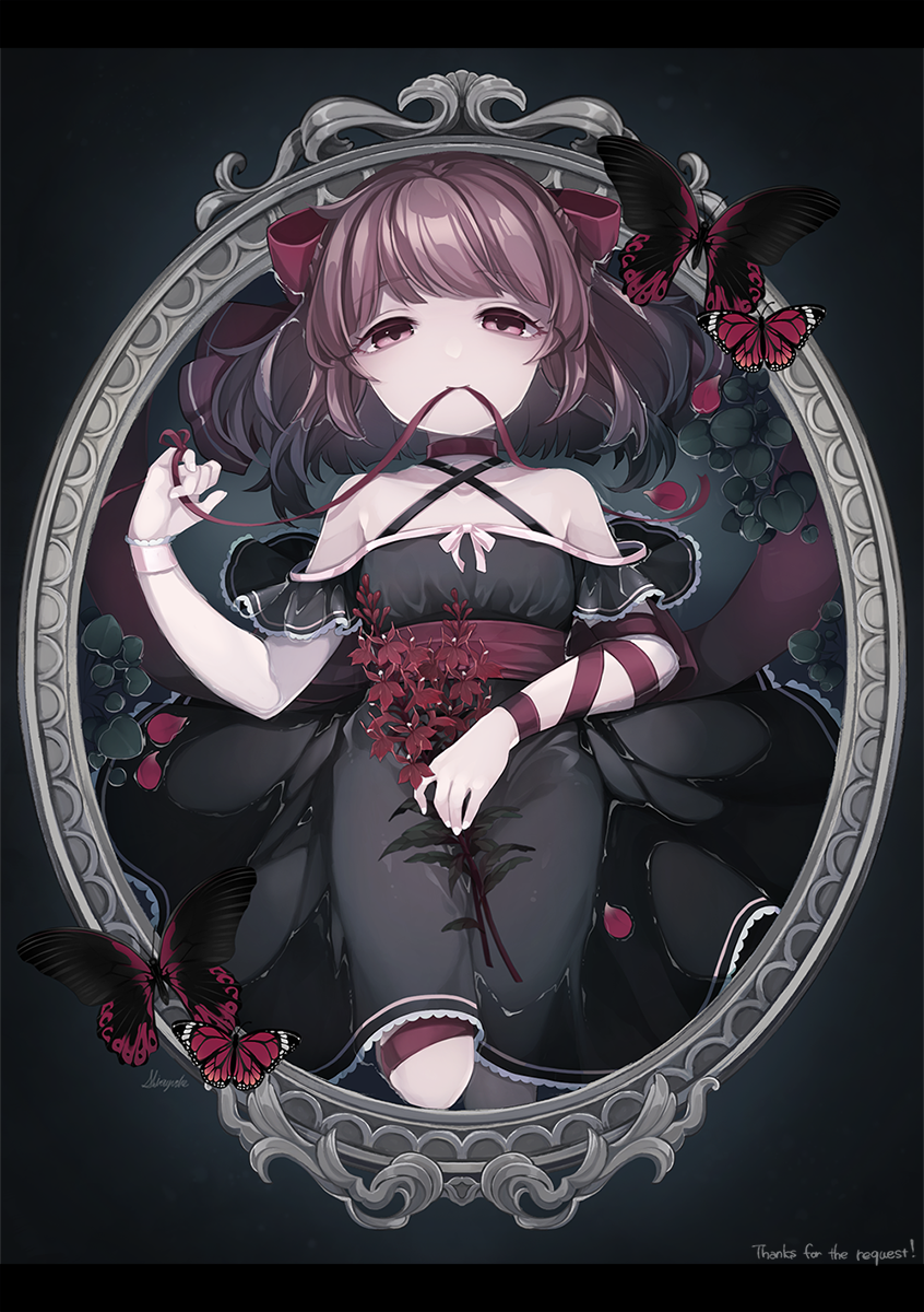 1girl bangs black_dress bow bug butterfly commission copyright_request dress eyebrows_visible_through_hair hair_bow highres insect letterboxed looking_at_viewer medium_hair mouth_hold pale_skin pink_eyes pink_hair ribbon shiro_yurine skeb_commission solo virtual_youtuber water