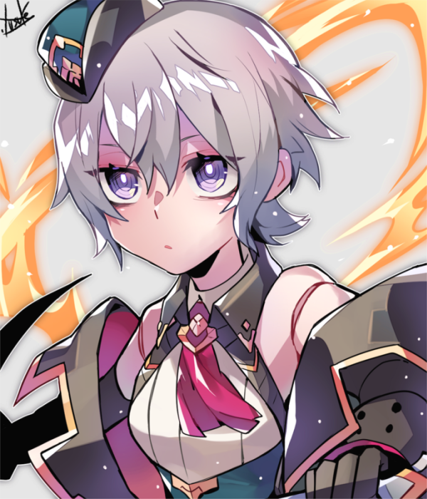 1girl bare_shoulders collared_shirt detached_sleeves dragalia_lost grey_hair hair_between_eyes hat laxi_(dragalia_lost) looking_at_viewer mini_hat shirt short_hair upper_body violet_eyes yuusuke-kun