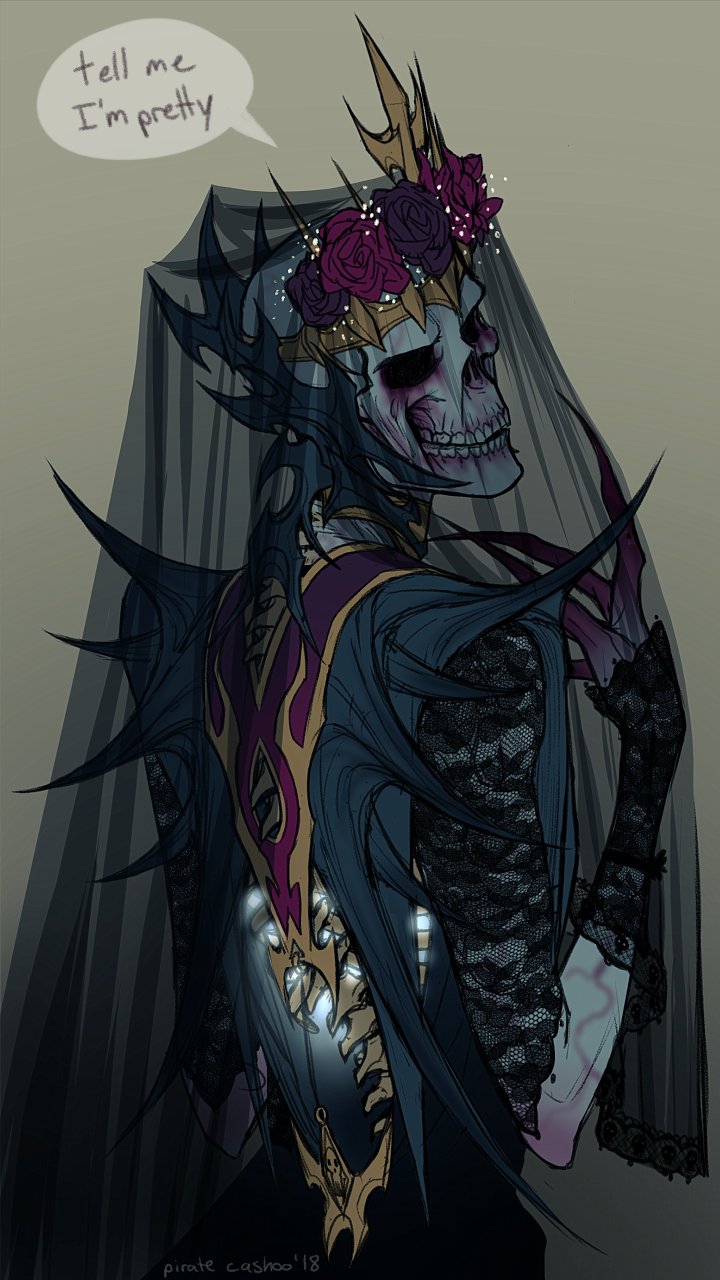 1boy 2018 black_capelet bridal_veil capelet colored_skin crossdressinging crown detached_sleeves english_commentary eye_socket fingernails flower from_behind glowing grey_skin hair_flower hair_ornament highres lace_sleeves lich long_fingernails male_focus no_eyes original pirate_cashoo rose sharp_fingernails skull solo speech_bubble veil veins vroscaz_(pirate_cashoo)