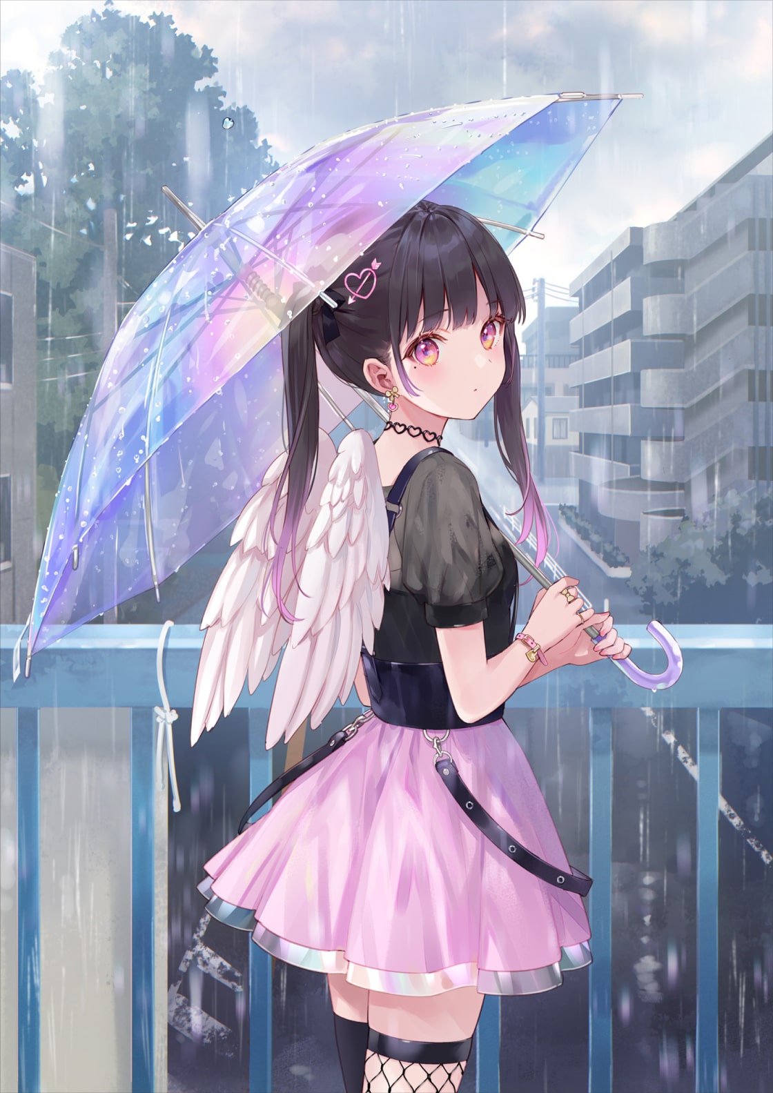 1girl :o angel_wings back bangs black_hair bracelet bridge commentary_request earrings eyebrows_visible_through_hair fishnet_legwear fishnets fukahire_(ruinon) hair_ornament heart heart_hair_ornament highres holding holding_umbrella jewelry looking_at_viewer looking_back necklace original outdoors pink_eyes pink_skirt puffy_short_sleeves puffy_sleeves railing rain shirt short_sleeves skirt solo suspender_skirt suspenders thigh-highs transparent transparent_umbrella twintails twitter_username umbrella urban water_drop wings