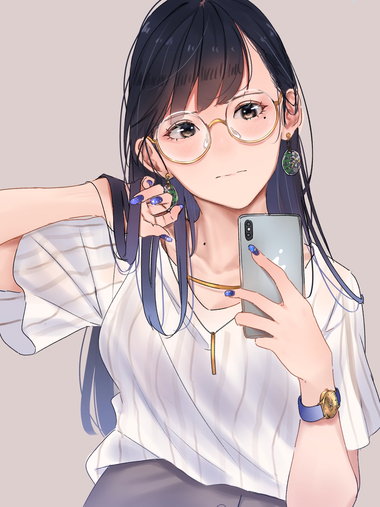 1girl adjusting_hair bangs black_hair blush closed_mouth earrings glasses grey_skirt hand_up highres holding holding_phone jewelry long_hair looking_at_viewer mole mole_under_eye nail_polish necklace office_lady original phone saitou_(lynx-shrike) shirt short_sleeves simple_background skirt solo violet_eyes watch white_shirt