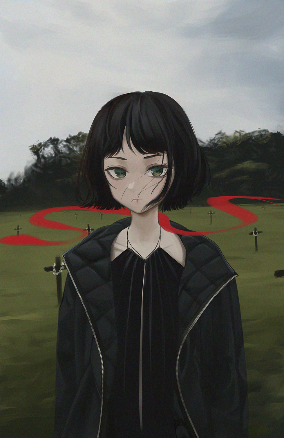 1girl bangs black_dress black_hair black_jacket bob_cut closed_mouth collarbone commentary dress english_commentary expressionless grass graveyard green_eyes grey_sky highres jacket litra_(ltr0312) looking_at_viewer open_clothes open_jacket original outdoors red_ribbon ribbon short_hair solo tree upper_body