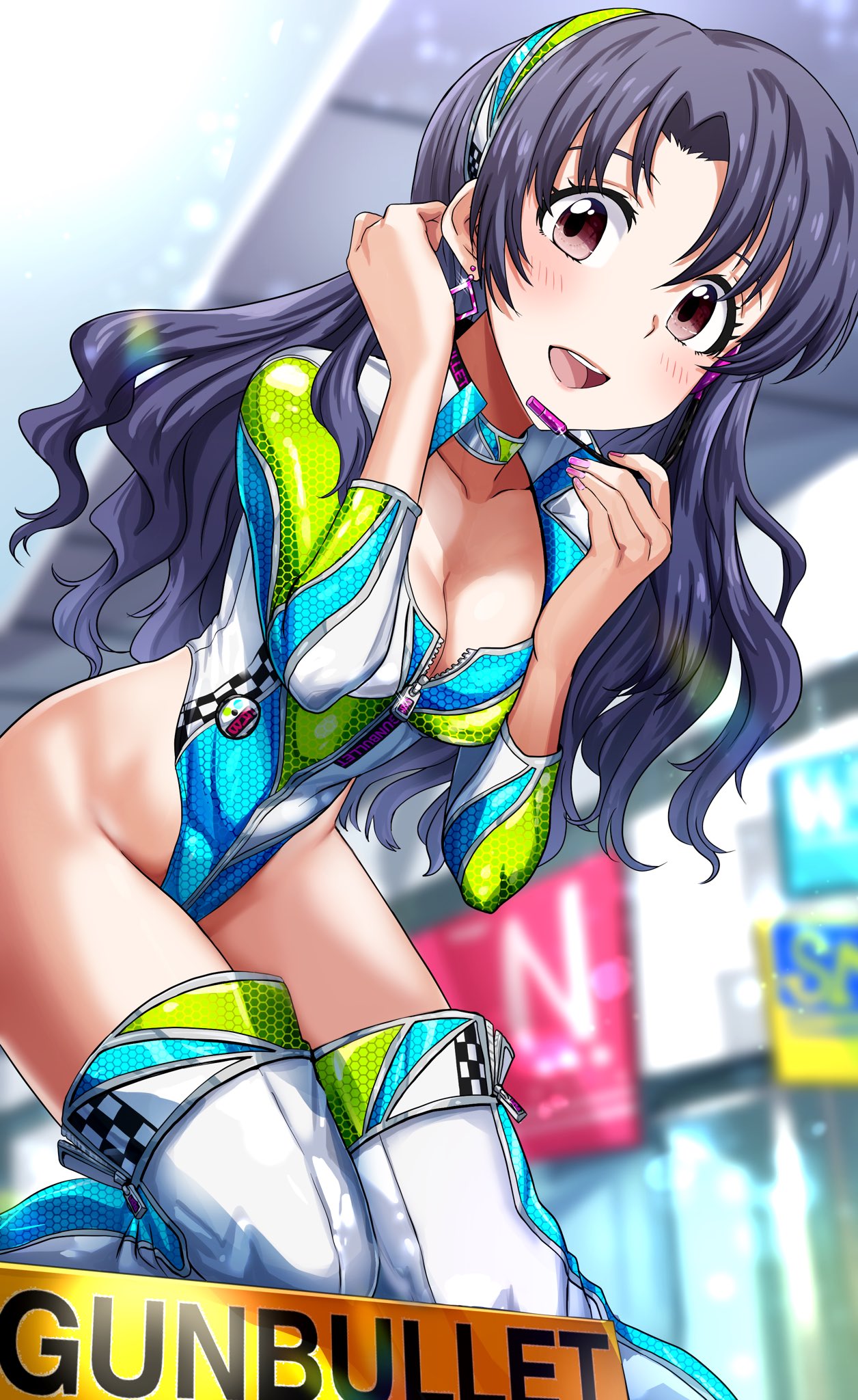 1girl black_hair boots breasts brown_eyes day earrings glasses hairband highleg highleg_leotard highres idolmaster idolmaster_million_live! jewelry large_breasts leotard long_hair long_sleeves looking_at_viewer open_mouth outdoors racequeen run_p_(aveton) solo takayama_sayoko thigh-highs thigh_boots thighs