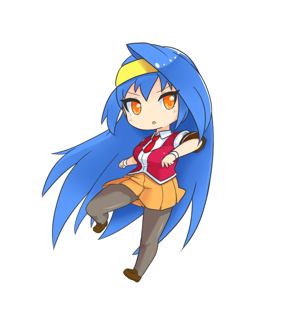 1girl arcana_heart bangs black_legwear blue_hair brown_footwear chibi collared_shirt eyebrows_visible_through_hair hairband long_hair looking_at_viewer misono_gakuen_school_uniform necktie open_mouth orange_eyes orange_skirt pecka pleated_skirt red_neckwear red_vest school_uniform shirt short_sleeves simple_background skirt solo tsuzura_saki v-shaped_eyebrows very_long_hair vest white_background white_shirt wristband yellow_hairband