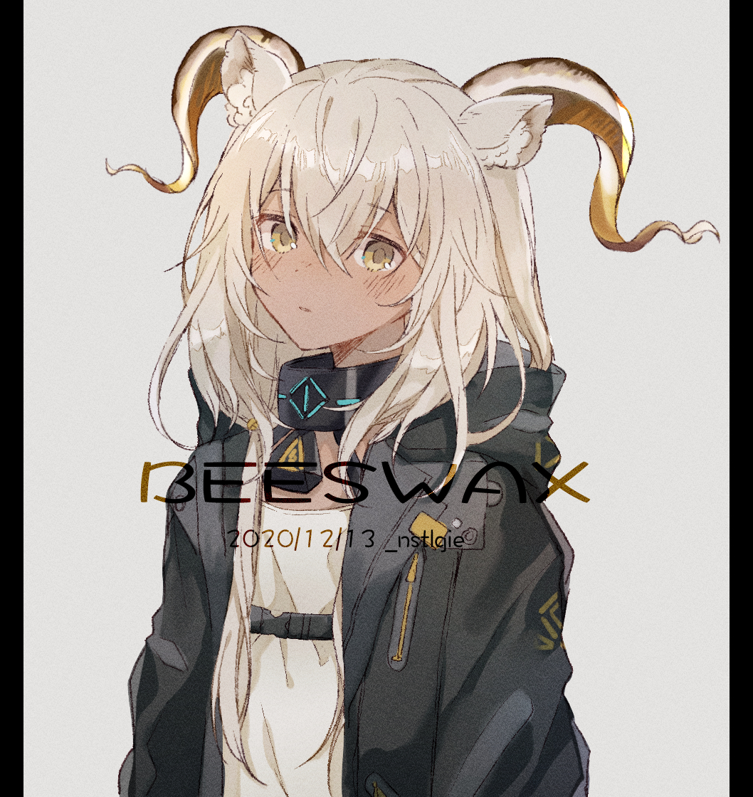 1girl animal_ears arknights artist_name beeswax_(arknights) black_collar character_name collar dark-skinned_female dark_skin dated goat_ears goat_girl goat_horns grey_background horns infection_monitor_(arknights) jacket long_hair looking_at_viewer nstlgie parted_lips pillarboxed shirt solo upper_body white_hair white_jacket white_shirt yellow_eyes