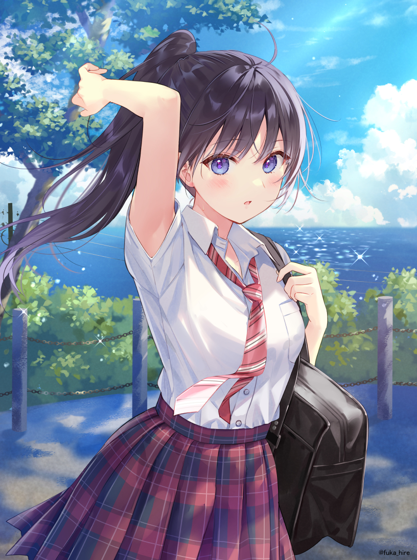 1girl ahoge arm_up bag bangs black_hair blue_eyes blue_sky breast_pocket bush clouds collared_shirt commentary_request day eyebrows_visible_through_hair fukahire_(ruinon) horizon long_hair looking_at_viewer necktie ocean open_mouth original outdoors plaid plaid_skirt pleated_skirt pocket ponytail power_lines red_neckwear red_skirt school_bag school_uniform shirt short_sleeves skirt sky solo sparkle striped striped_neckwear tree uniform utility_pole white_shirt