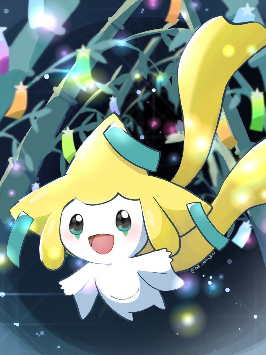 :d blurry commentary_request gen_3_pokemon green_ribbon highres jirachi light mythical_pokemon no_humans open_mouth outstretched_arms pokemon pokemon_(creature) ribbon saki_pokeoekaki smile solo tongue twitter_username