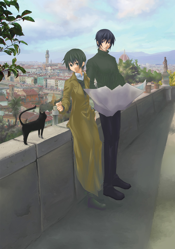 1boy 1girl androgynous bangs black_cat black_eyes black_footwear black_hair black_pants blue_sky brown_coat building cat city closed_mouth clouds coat commentary_request day full_body green_eyes green_hair green_sweater holding holding_map kino_(kino_no_tabi) kino_no_tabi konomu0522 looking_at_animal looking_to_the_side map outdoors pants shirt shizu_(kino_no_tabi) shoes short_hair sky standing statue sweater tree white_shirt