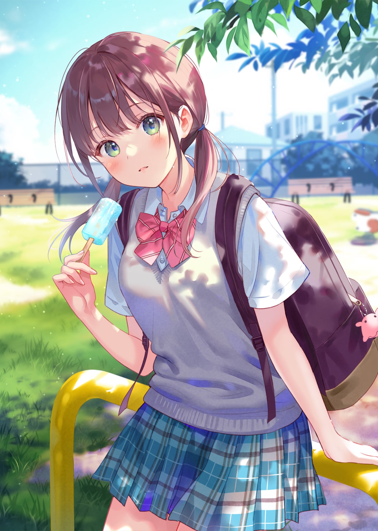 1girl backpack brown_hair female fukahire_(ruinon) highres holding_food original plaid_skirt pleated_skirt popsicle school_uniform skirt sky solo uniform