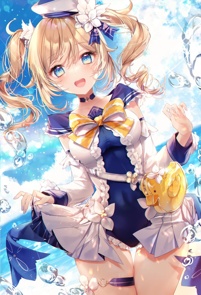 1girl :d bangs barbara_(genshin_impact) barbara_(summertime_sparkle)_(genshin_impact) blonde_hair blue_eyes blue_sailor_collar blue_sky blurry blurry_background bow breasts bubble choker clothes_lift clouds cloudy_sky covered_navel detached_sleeves diffraction_spikes dress dutch_angle flower frills genshin_impact hair_flower hair_ornament hat lens_flare lifted_by_self long_hair long_sleeves looking_at_viewer medium_breasts ocean official_alternate_costume one-piece_swimsuit open_mouth outdoors pleated_dress pleated_skirt rainbow ribbon sailor_collar sailor_hat sidelocks skirt skirt_hold skirt_lift sky smile solo sparkle standing swimsuit taya_5323203 thigh_gap thighs tilted_headwear twintails white_headwear wrist_cuffs