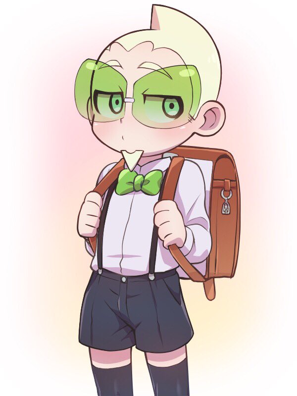 1boy backpack bag black_legwear black_shorts blonde_hair blue_eyes blush bow bowtie brown_bag chacha_(ss_5087) closed_mouth commentary_request faba_(pokemon) facial_hair goatee green-tinted_eyewear green_neckwear long_sleeves male_focus pokemon pokemon_(game) pokemon_sm school_uniform shirt short_hair shorts sideways_glance solo sunglasses suspenders thigh-highs white_shirt younger