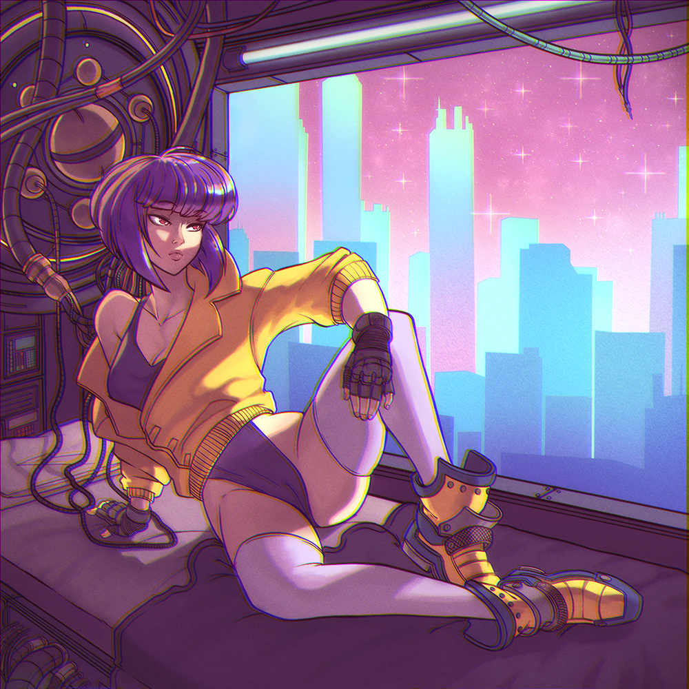 1girl alatar_(bluewizardart) arm_support bangs beautiful_beasties bed breasts cable collaboration eyebrows_visible_through_hair fingerless_gloves ghost_in_the_shell gloves jacket kusanagi_motoko leotard medium_breasts purple_hair red_eyes short_hair sitting solo thigh-highs white_legwear window
