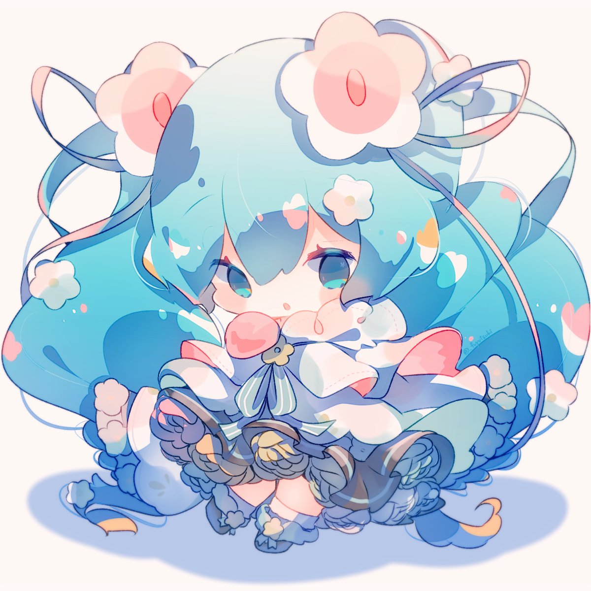 1girl aqua_eyes aqua_hair beige_background black_skirt blue_flower blush_stickers cape chibi commentary dress dress_flower flower full_body fuyuzuki_gato green_flower hair_flower hair_ornament hair_ribbon hatsune_miku highres long_hair looking_at_viewer magical_mirai_(vocaloid) medallion neck_ribbon open_mouth orange_flower red_flower ribbon shadow skirt solo standing twintails very_long_hair vocaloid white_dress white_flower yellow_flower