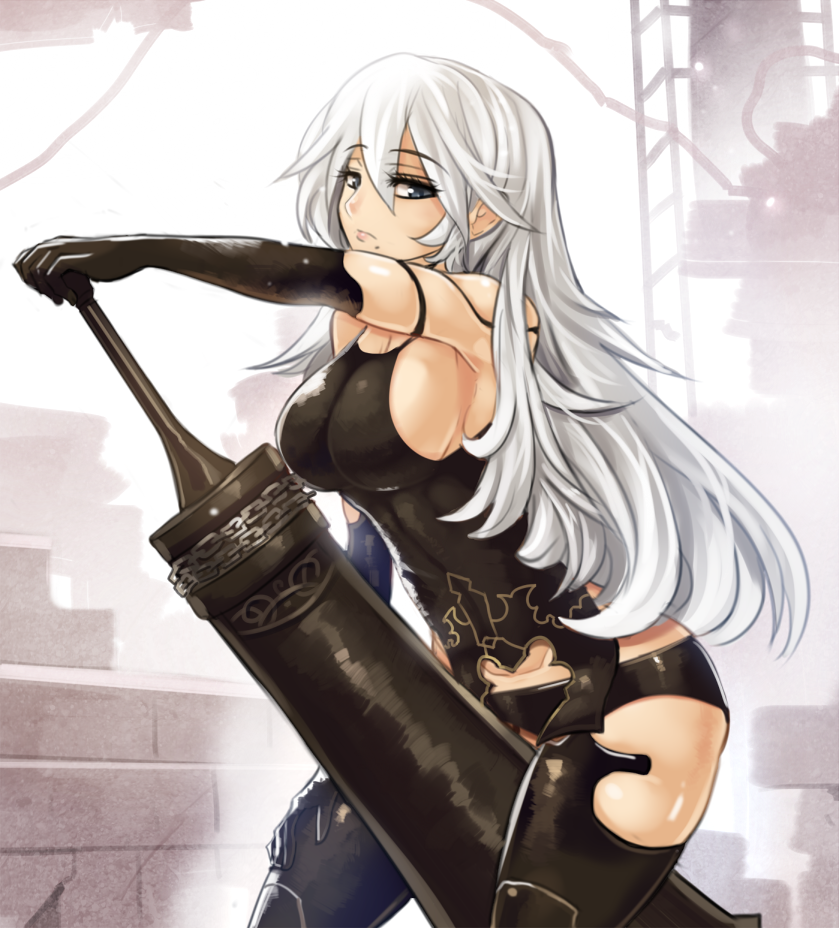 1girl between_legs between_thighs black_gloves black_legwear blue_eyes breasts chain elbow_gloves gloves hand_on_thigh hinghoi huge_weapon large_breasts long_hair looking_at_viewer mole mole_under_mouth nier_(series) nier_automata sword unamused weapon white_hair yorha_type_a_no._2