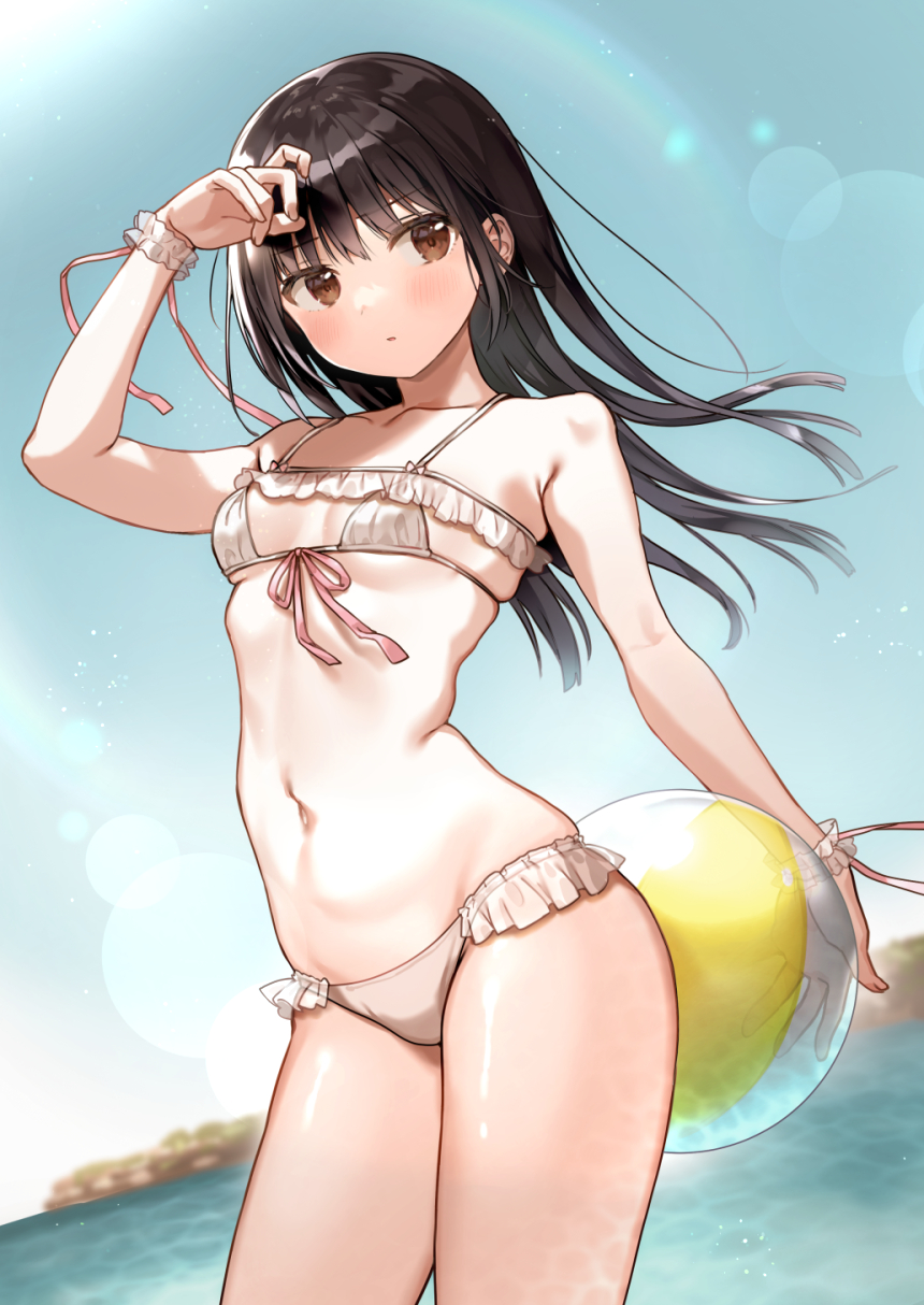 1girl ball bangs bare_arms bare_shoulders beachball bikini black_hair blush brown_eyes collarbone cowboy_shot eyebrows_visible_through_hair frilled_bikini frills highres lens_flare looking_at_viewer micro_bikini navel nishizawa original parted_lips pink_ribbon ribbon skindentation solo stomach swimsuit thighs water white_bikini wrist_cuffs