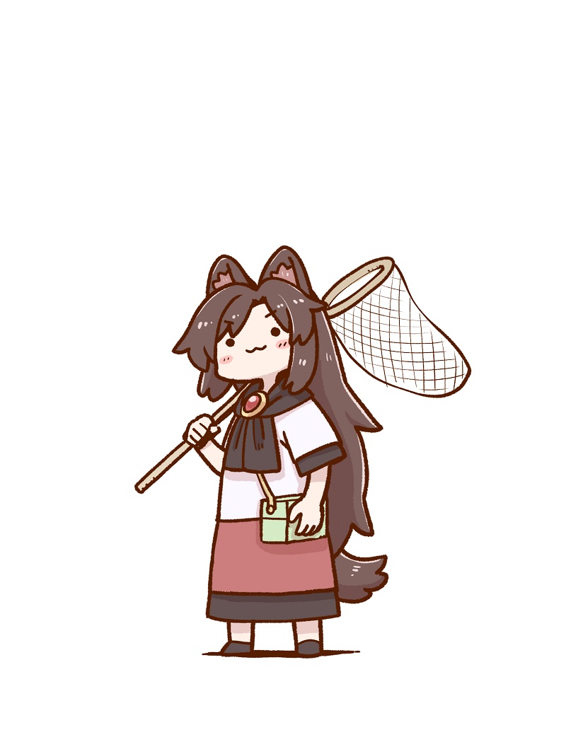 ._. 1girl :3 animal_ears black_scarf black_skirt brooch butterfly_net eyebrows_visible_through_hair hand_net imaizumi_kagerou jewelry layered_skirt long_hair poronegi red_skirt scarf shirt short_sleeves simple_background skirt solo tail touhou white_shirt wolf_ears wolf_tail