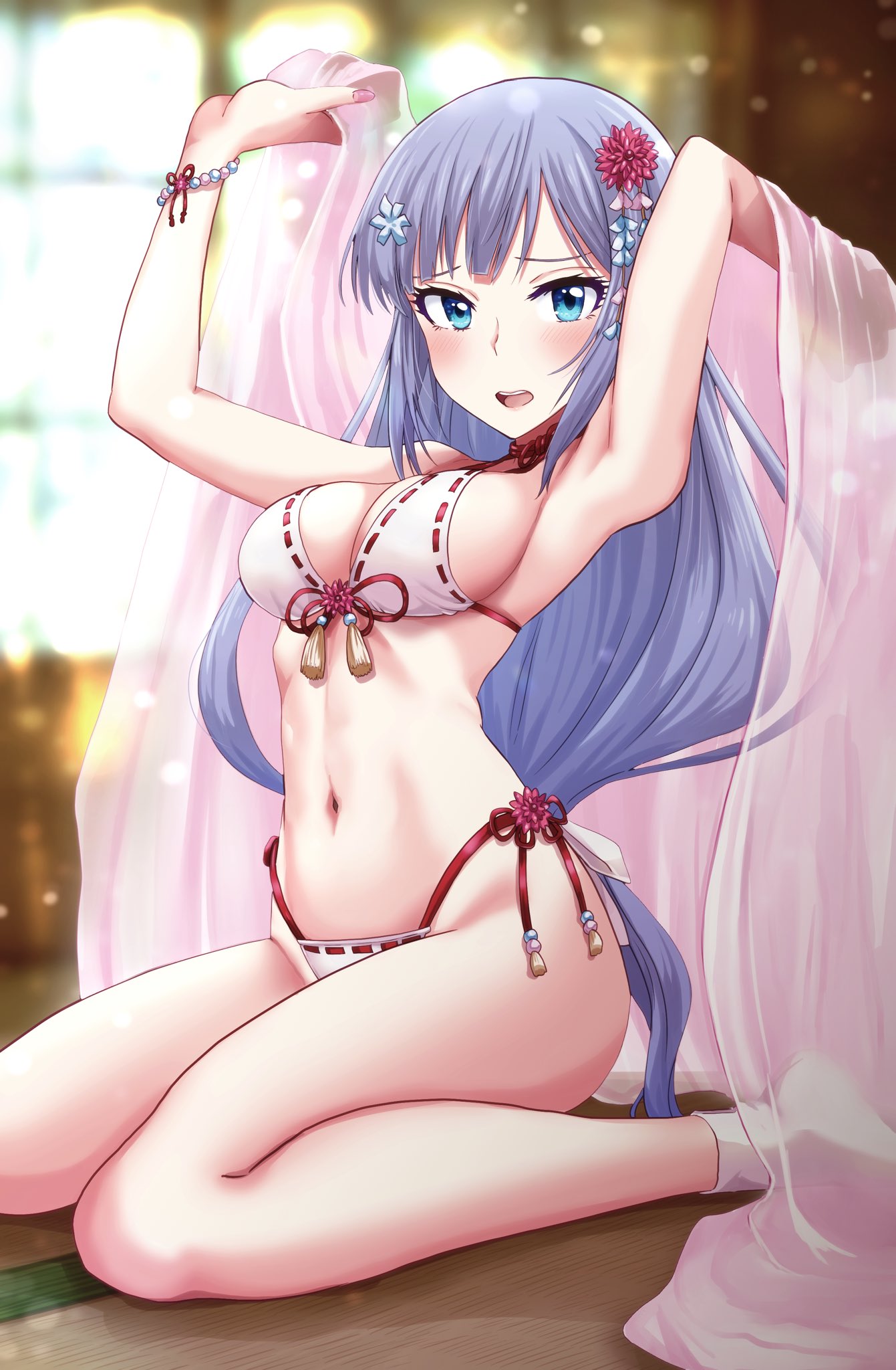 1girl armpits arms_up bikini blue_eyes blurry blurry_background bracelet breasts commentary_request flower hair_flower hair_ornament highres idolmaster idolmaster_million_live! idolmaster_million_live!_theater_days jewelry large_breasts light_blue_hair long_hair looking_at_viewer navel open_mouth ribbon-trimmed_bikini run_p_(aveton) seiza shiraishi_tsumugi sitting solo swimsuit tatami white_bikini white_legwear