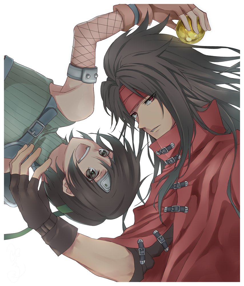 1boy black_hair brown_eyes brown_hair clawed_gauntlets cloak final_fantasy final_fantasy_vii gloves headband long_hair looking_at_viewer materia nanashiro_1813 red_cloak red_eyes red_headband short_hair smile vincent_valentine yuffie_kisaragi