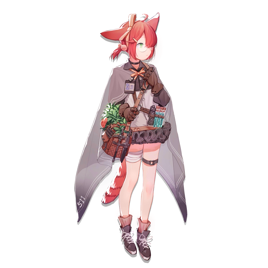 1girl ahoge animal_ears arknights black_choker bow brown_gloves cape choker dress flashbang fox_ears fox_girl fox_tail frilled_dress frills full_body glasses gloves green_eyes hair_bobbles hair_bow hair_ornament hair_over_one_eye holding holding_knife id_card karambit knife looking_at_another myrrh_(arknights) official_art pink_legwear purple_cape purple_dress purple_footwear red_bow redhead shoes short_hair socks solo tachi-e tail thigh_strap transparent_background xiayehongming