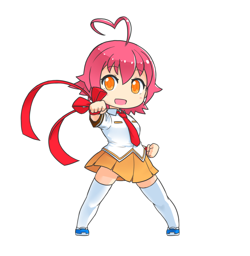 1girl :d ahoge aino_heart arcana_heart arm_ribbon bangs blue_footwear chibi clenched_hand collared_shirt eyebrows_visible_through_hair full_body looking_at_viewer misono_gakuen_school_uniform necktie open_mouth orange_eyes orange_skirt pecka pink_hair pleated_skirt red_neckwear red_ribbon ribbon school_uniform shirt short_hair short_sleeves simple_background skirt smile solo standing thigh-highs white_background white_legwear white_shirt