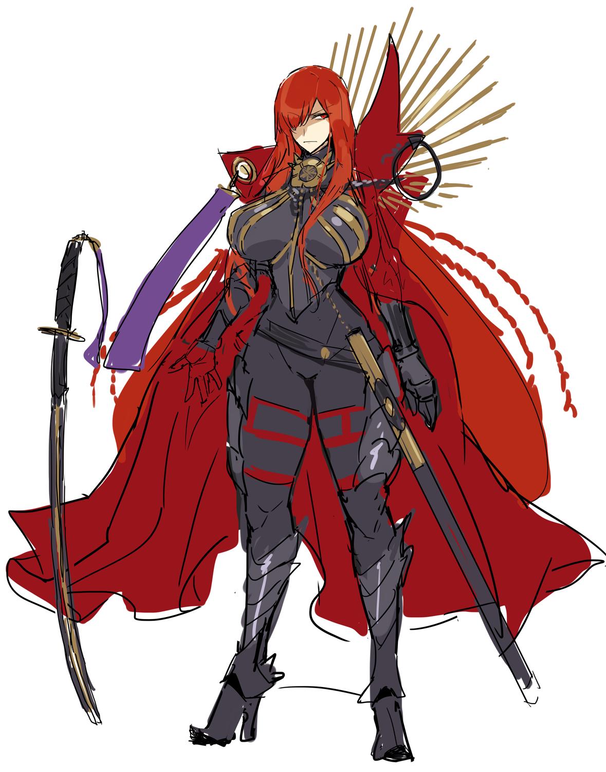 1girl armor bangs black_armor black_bodysuit bodysuit breastplate cape chain collared_cape eyebrows_visible_through_hair fate/grand_order fate_(series) full_body greaves hair_over_one_eye high_heels highres katana long_hair looking_to_the_side medallion melon22 oda_nobunaga_(fate)_(all) oda_nobunaga_(maou_avenger)_(fate) planted planted_sword red_cape red_eyes sheath simple_background skin_tight solo sword weapon white_background
