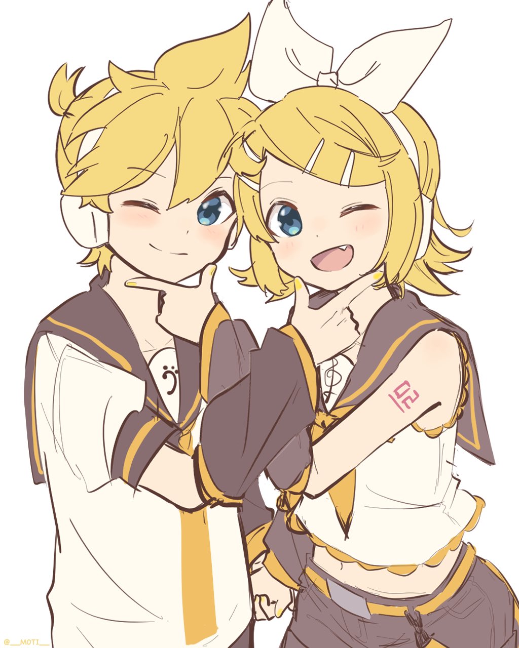 1boy 1girl arm_warmers bangs bare_shoulders bass_clef black_collar black_shorts blonde_hair blue_eyes bow collar commentary crop_top fang grey_collar grey_shorts grey_sleeves hair_bow hair_ornament hairclip hand_on_another's_chin headphones highres holding_hands kagamine_len kagamine_rin looking_at_viewer m0ti midriff nail_polish navel neckerchief necktie one_eye_closed open_mouth sailor_collar school_uniform shirt short_hair short_ponytail short_sleeves shorts shoulder_tattoo sleeveless sleeveless_shirt smile spiky_hair swept_bangs symmetry tattoo treble_clef upper_body vocaloid white_background white_bow white_shirt yellow_nails yellow_neckwear