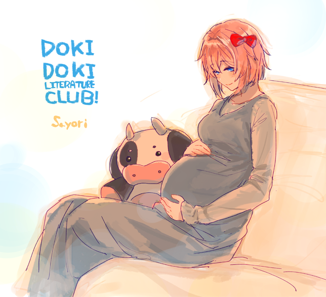1girl belly blue_eyes bow character_name commentary copyright_name doki_doki_literature_club dress eyebrows_visible_through_hair grey_dress hair_bow hand_on_own_stomach long_sleeves pink_hair pregnant red_bow sayori_(doki_doki_literature_club) short_hair simple_background smile solo sora_(efr) stuffed_cow white_background