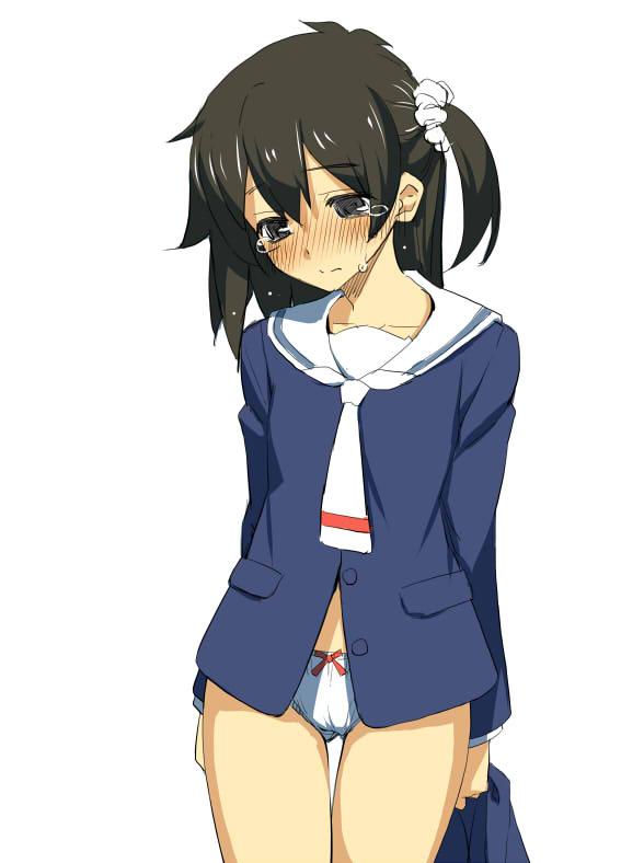 1girl blue_shirt blush brown_hair closed_mouth cowboy_shot crying crying_with_eyes_open embarrassed hair_ornament hair_scrunchie head_tilt holding holding_clothes holding_skirt long_hair long_sleeves namonashi necktie one_side_up original panties sailor_collar scrunchie shirt simple_background skirt skirt_removed solo standing tears thigh_gap underwear white_background white_neckwear white_panties white_sailor_collar