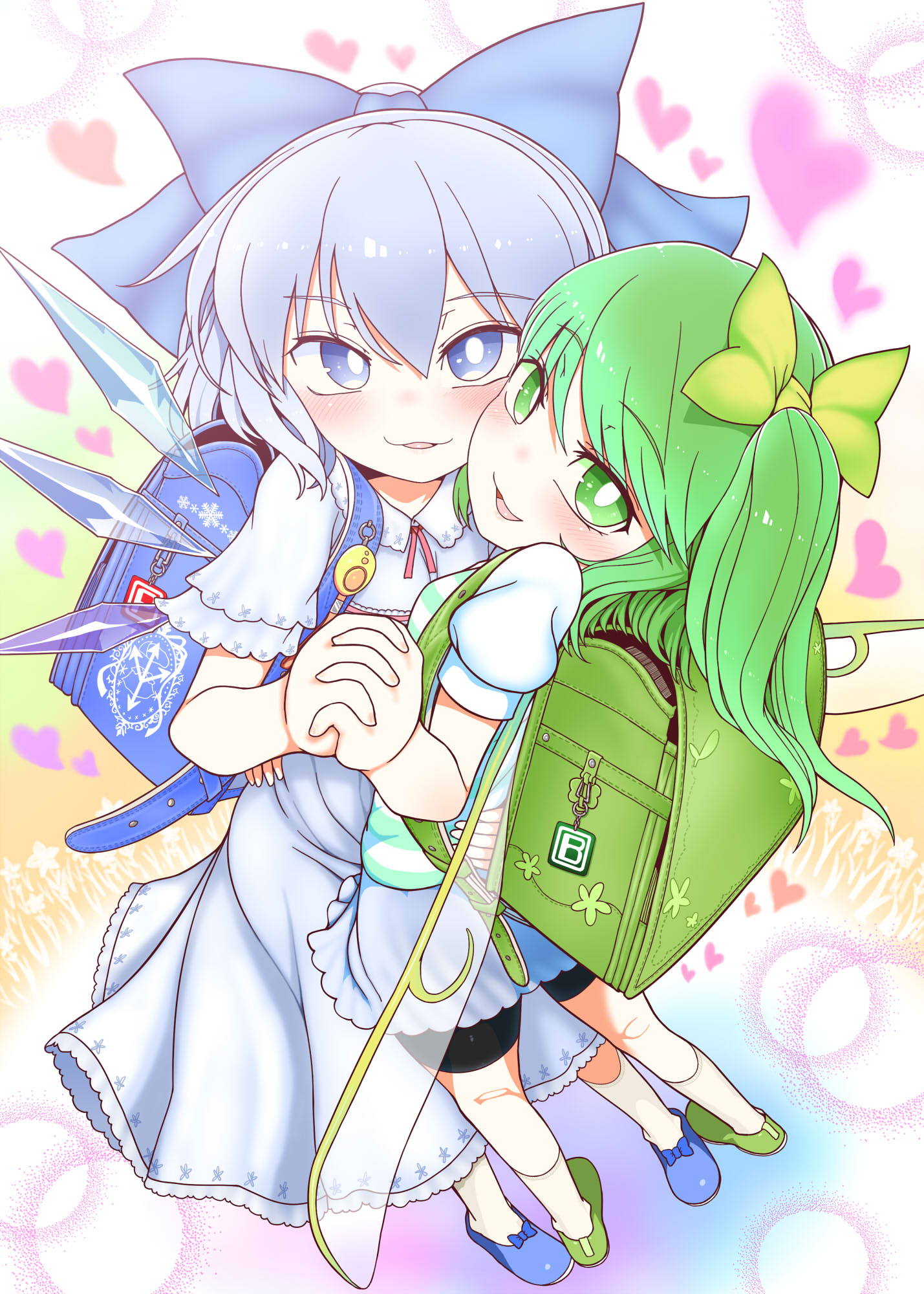 backpack bag blue_eyes blue_footwear blue_hair blush bow bright_pupils cheek-to-cheek cirno crime_prevention_buzzer daiyousei dress from_above full_body green_eyes green_footwear green_hair hair_bow highres hug ice ice_wings interlocked_fingers looking_at_viewer randoseru smile standing touhou white_pupils wings yassy yuri